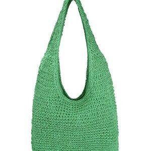Women's Green Large Straw Beach Bag Handmade Woven Shoulder Hobo Tote Handbag